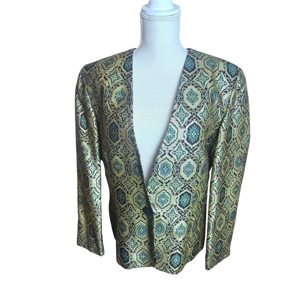 Vintage Talbots Gold Green Metallic Brocade Blazer Jacket 16 Damask Regencycore